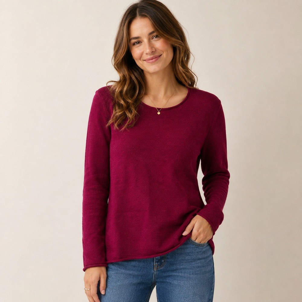 Susan Bristol Womens XL Berry Red 100% Merino Wool Crew Neck Rolled Hem Sweater